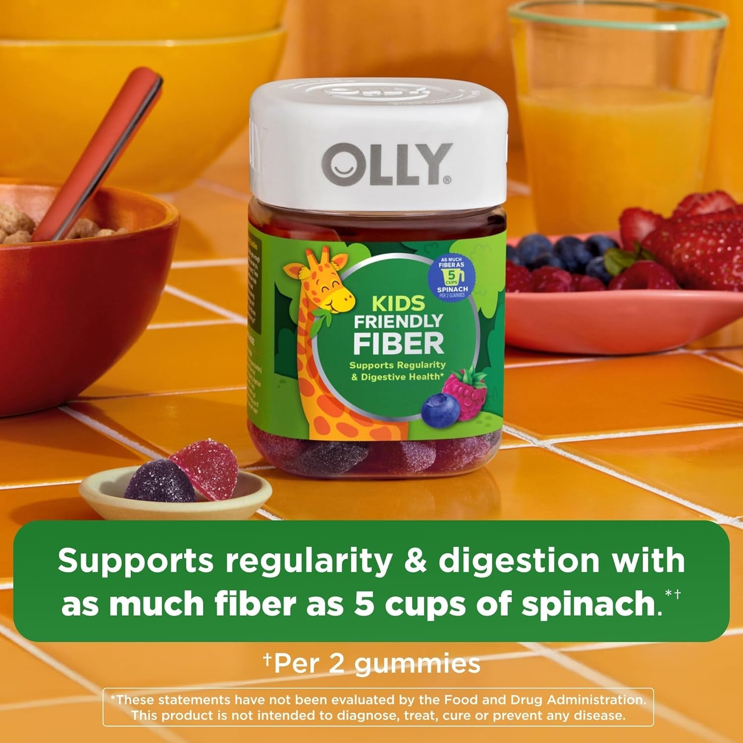 OLLY Kids Friendly Fiber Gummy, Digestion Support,* 3G Prebiotic Fiber FOS, Kids Chewable Supplement, Berry Brilliant Flavored, 25 Day Supply - 50 Count