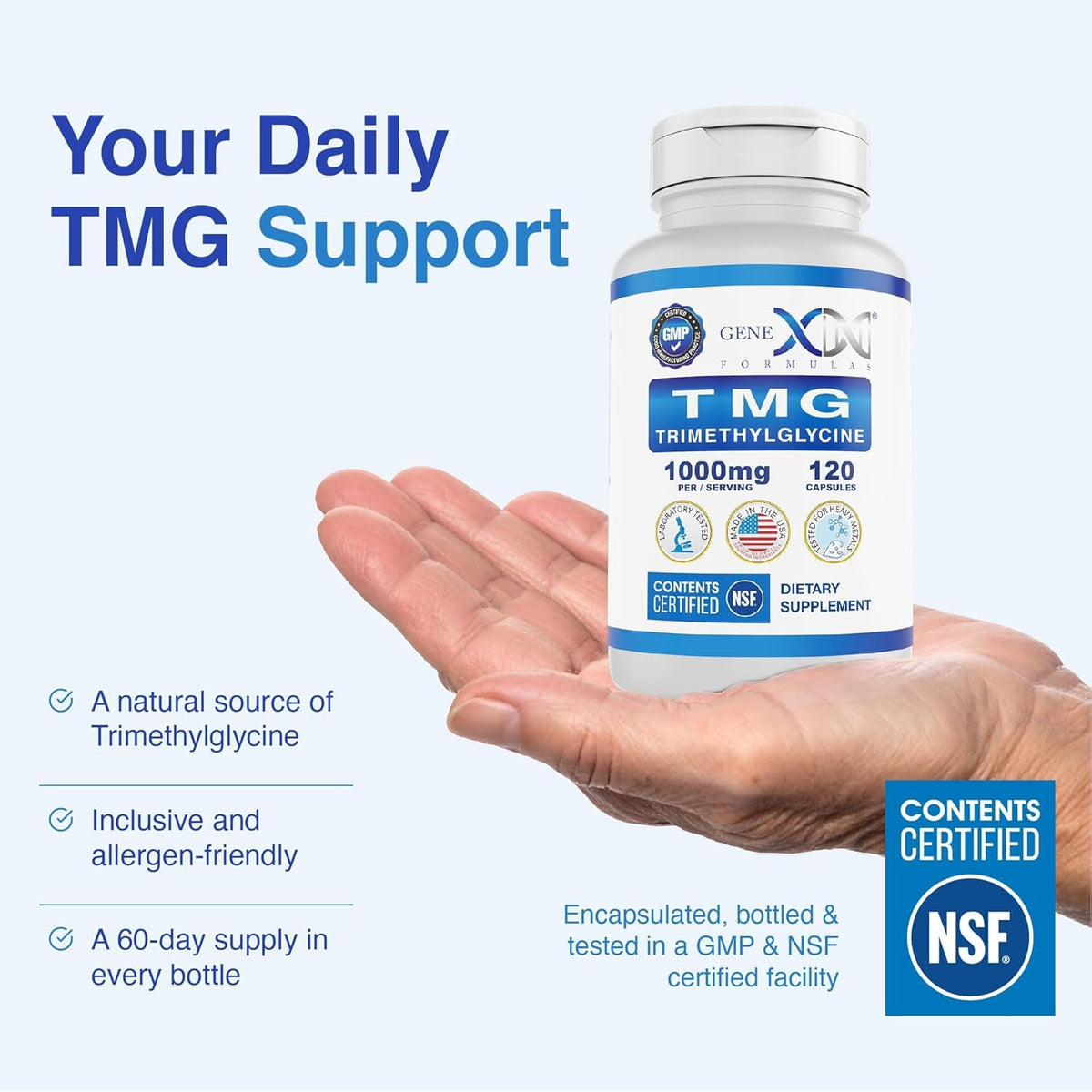 Genex Formulas TMG Supplement 1000Mg (120 Capsules) - NSF Certified for Safety, Quality & Label Accuracy - Betaine Anhydrous Trimethylglycine - Liver Supplement - Gluten Free & Non-Gmo - 30-Day Supply