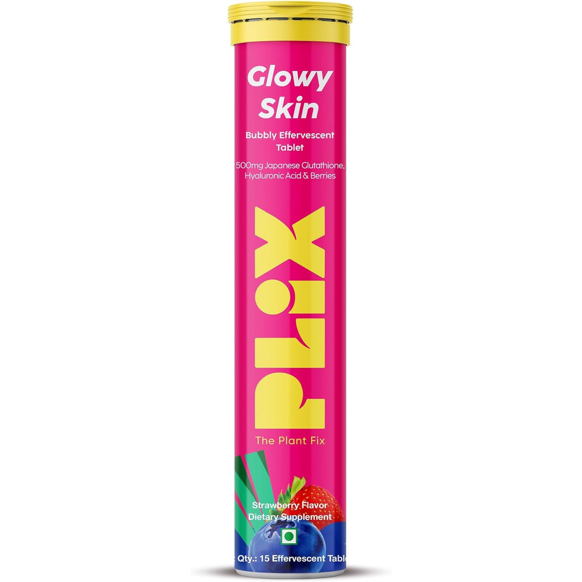 PLIX Glowy Skin 500Mg Glutathione Supplement with Hyaluronic Acid, Vitamin C, E & Berries | 30 Effervescent Tablets, Strawberry Flavor