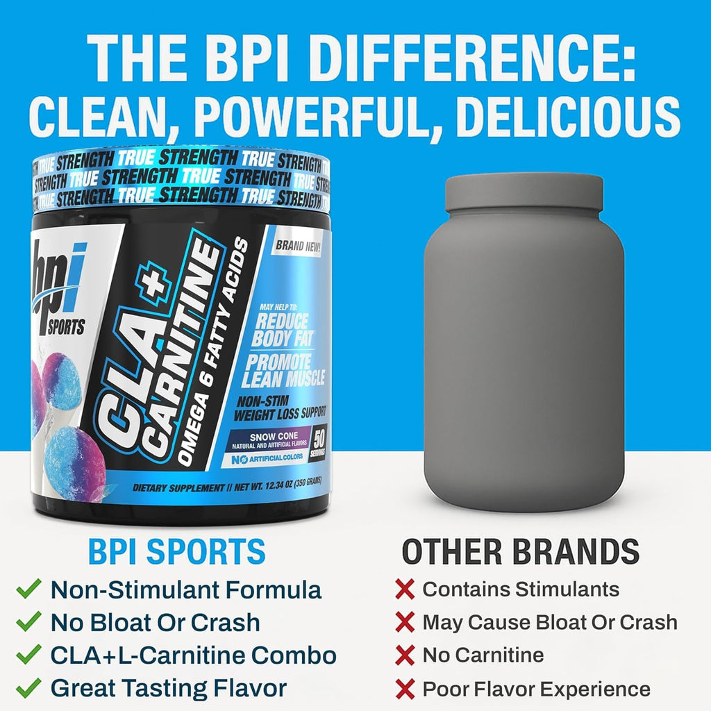 BPI Sports CLA + Carnitine – Conjugated Linoleic Acid – Weight Loss Formula – Metabolism, Performance, Lean Muscle – Caffeine Free – for Men & Women – Snow Cone – 50 Servings – 12.34 Oz.