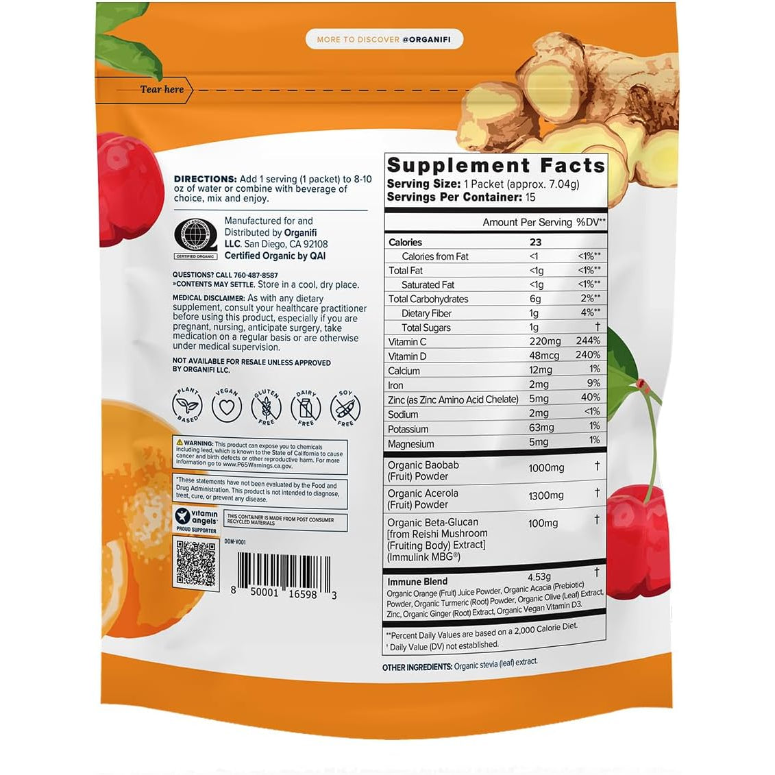 Organifi Immunity - Organic Superfood Immunity Support - 15 Single Serve Packets - Immunity Powder for T Cell Production and Upper Respiratory Health - Mushroom Beta Glucans, Vitamin C, D and Zinc