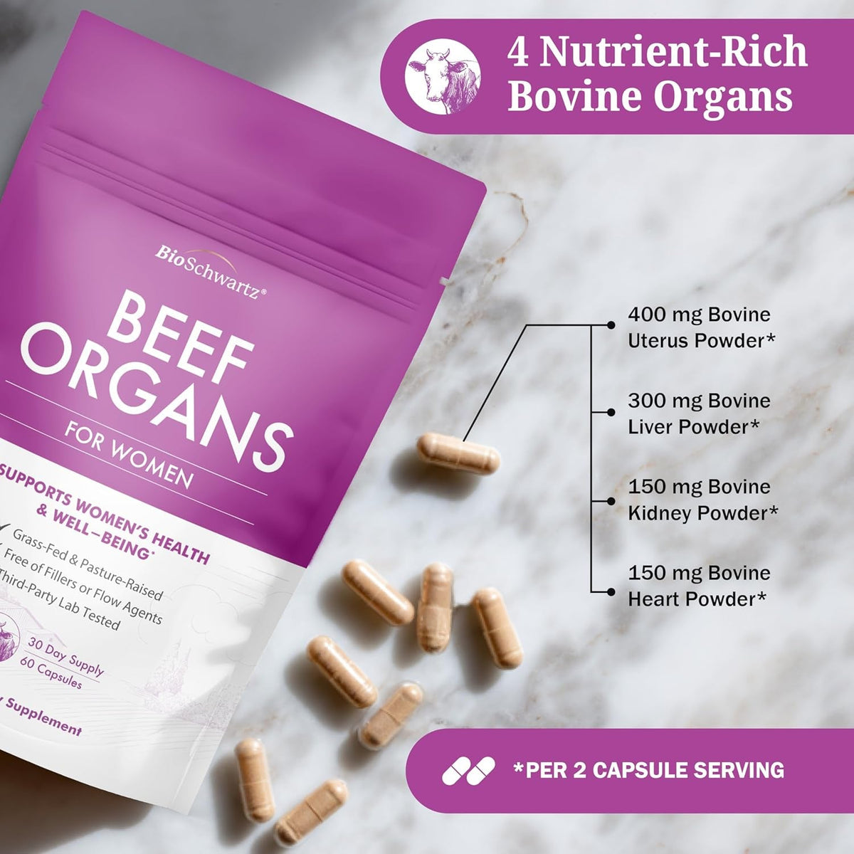 Bioschwartz Primal Beef Organ Supplement for Women - 60 Capsules - Grass-Fed & Pasture-Raised - Supports Healthy Hair Skin and Nails, Hormone Balance - with Bovine Liver, Kidney, Heart, Uterus Powder