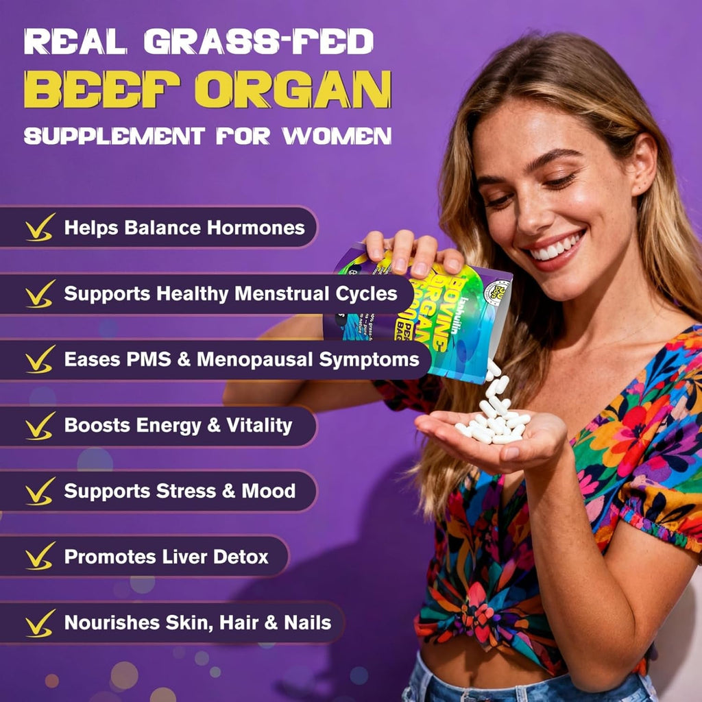 Beef Organ Supplement for Women - 100% Grass Fed Beef Organs with Bovine Liver, Ovary, Uterus, Kidney, Heart & Fallopian Tubes - PMS, Menopause & Energy, Immune & Mood Support, 120 Count