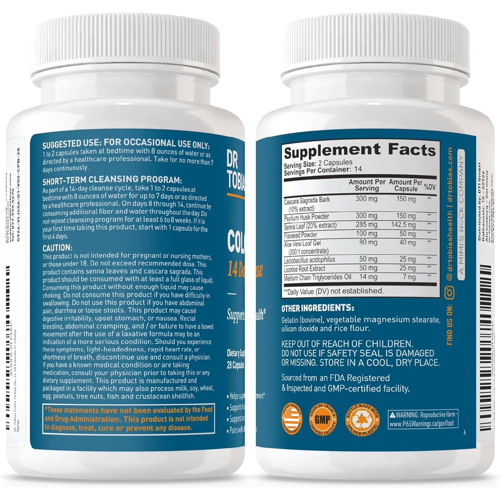 Dr. Tobias Colon Cleanse - Constipation Relief & Gut Health Support for Women & Men | 14 Day Colon Cleanser for a Gentle Colon Detox & Gut Flush - 28 Capsules (1-2 Daily)