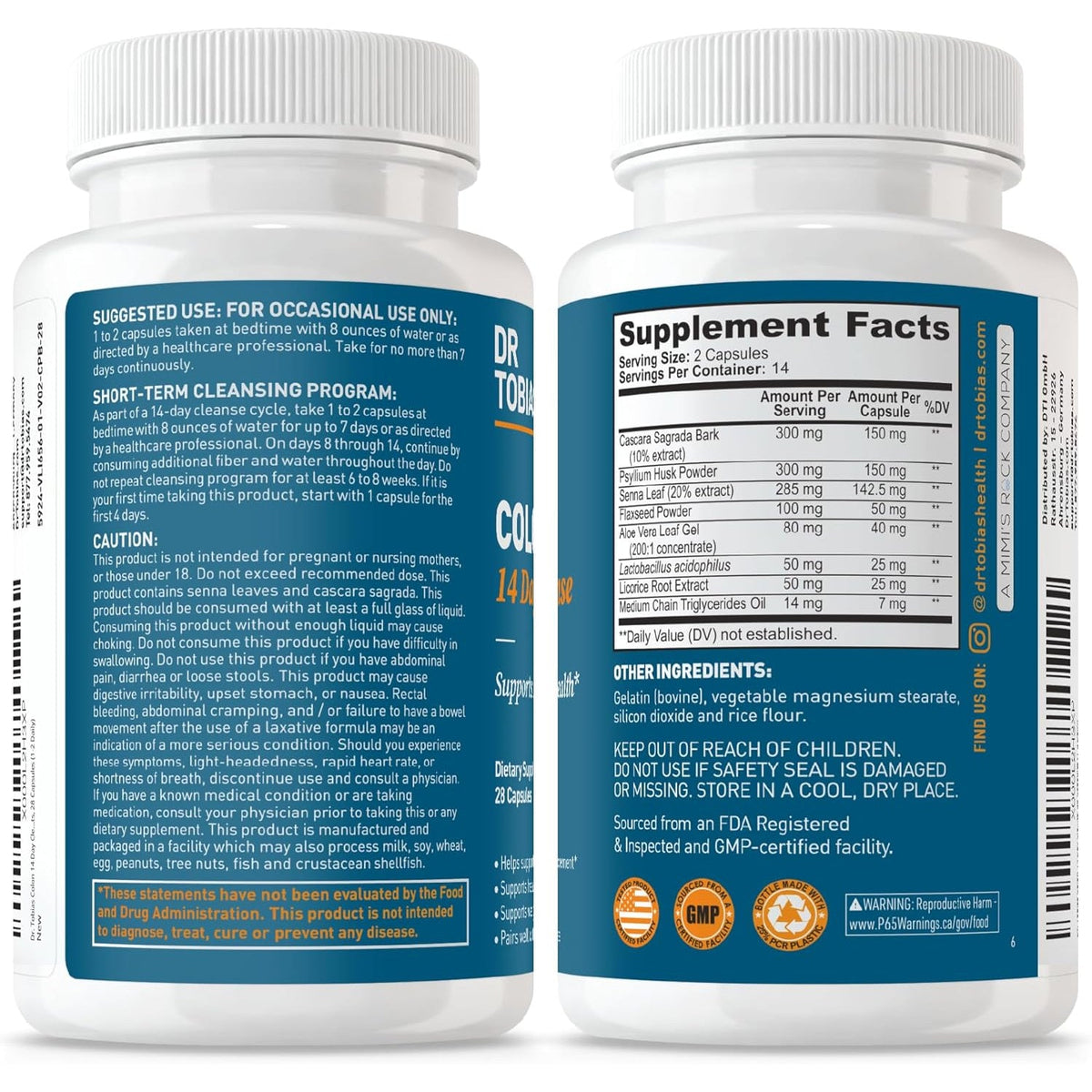 Dr. Tobias Colon Cleanse - Constipation Relief & Gut Health Support for Women & Men | 14 Day Colon Cleanser for a Gentle Colon Detox & Gut Flush - 28 Capsules (1-2 Daily)