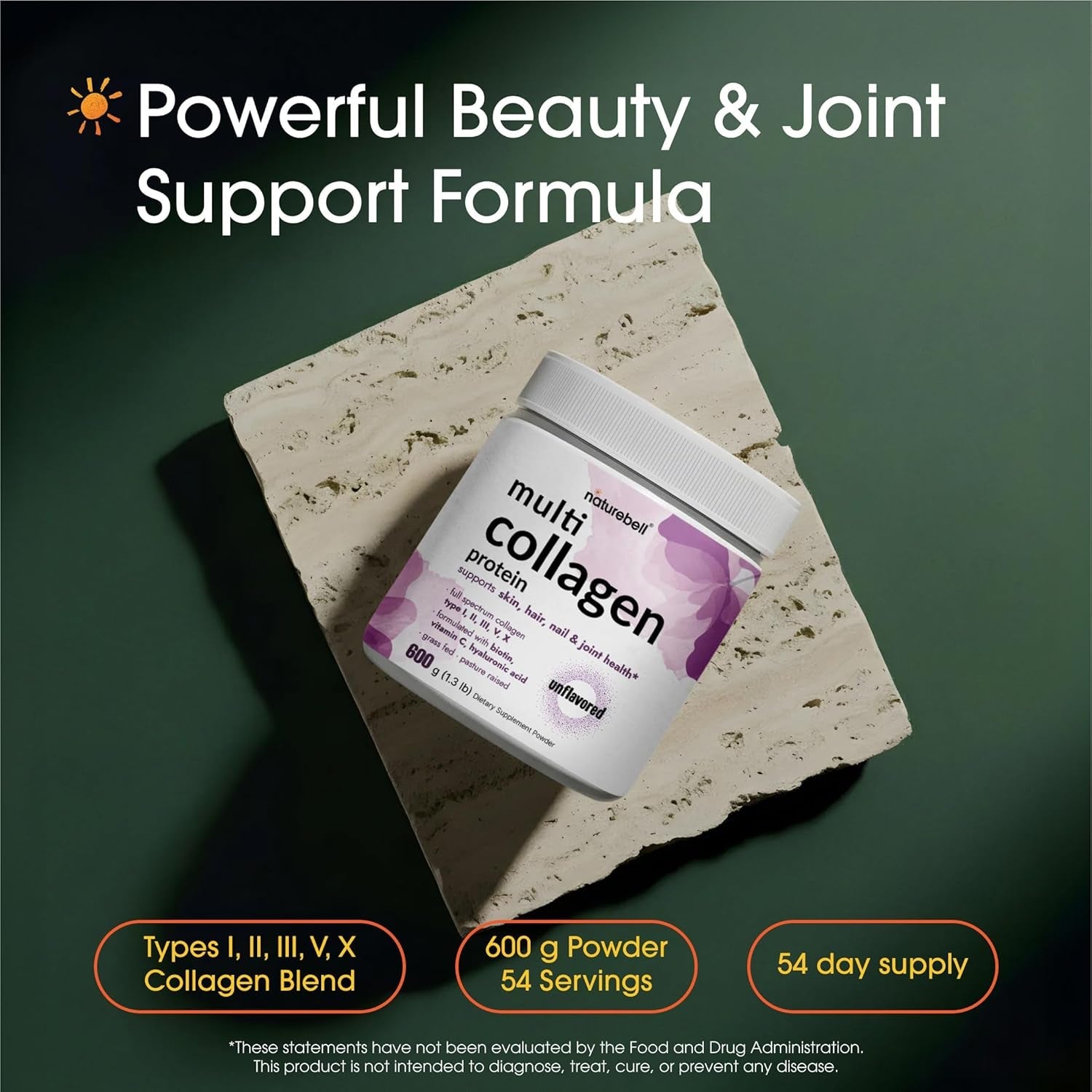 Naturebell Multi Collagen Protein Powder - 600G - Hydrolyzed Collagen Peptides - for Skin, Hair, Nail, Joint & Bone Health Support* - Grass-Fed & Keto-Friendly - Unflavored