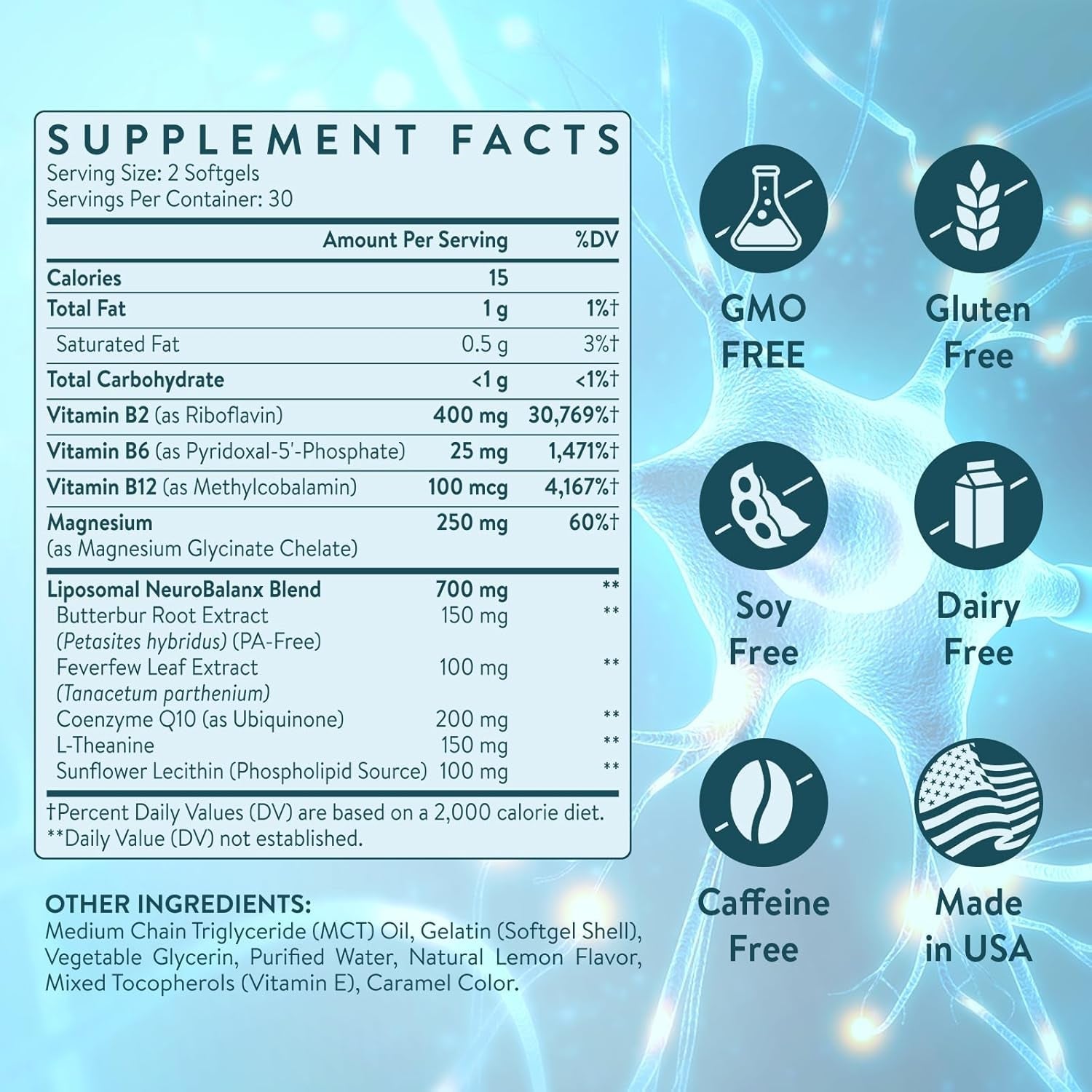 Migraine Relief Supplement – Liposomal Riboflavin, Vitamin B2 B6 & B12, Magnesium, Coq10, L-Theanine, Pa-Free Butterbur & Feverfew – Natural Head & Nerve – 60 Softgels