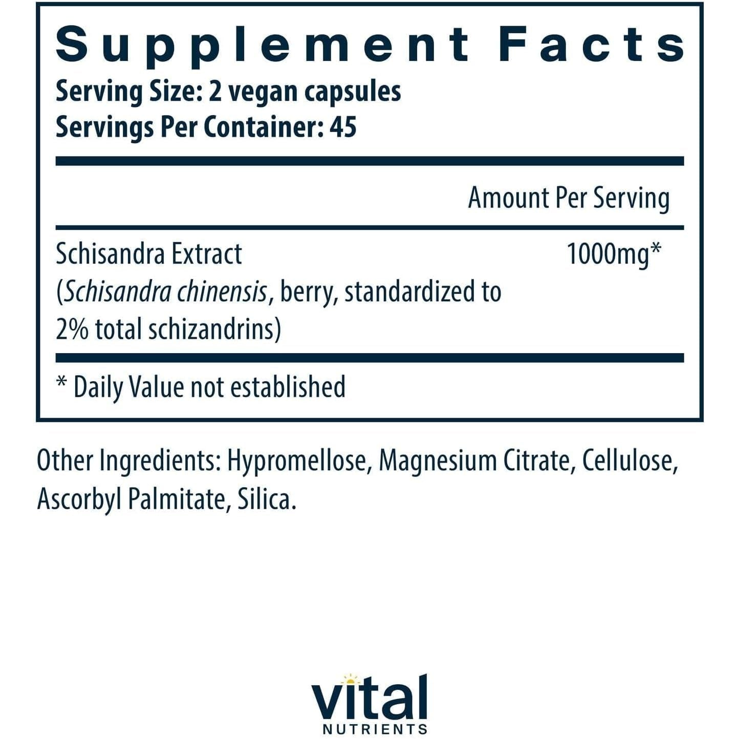 Vital Nutrients - Schisandra Extract - Liver, Immune, Energy, and Endurance Support - 90 Vegetarian Capsules per Bottle - 1000 Mg