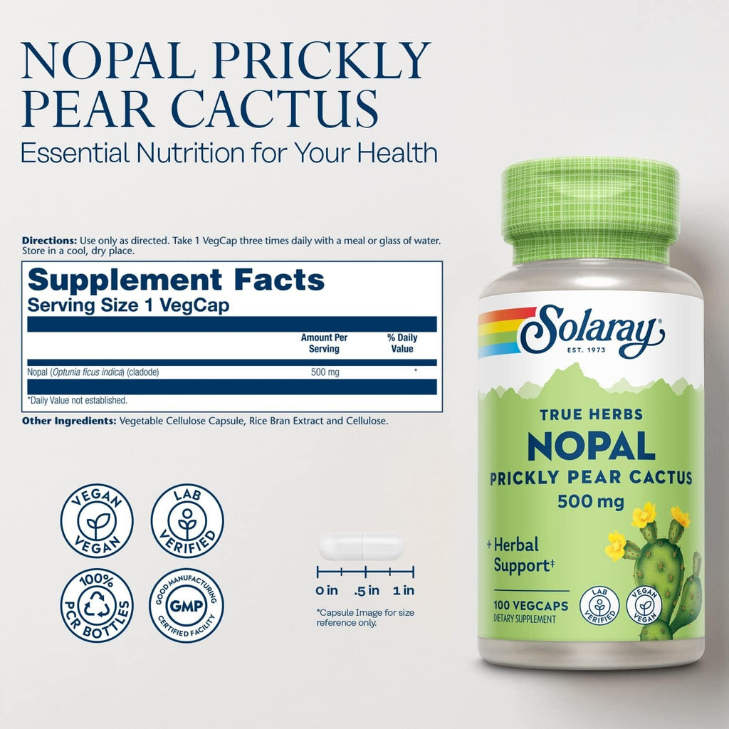 SOLARAY Nopal Prickly Pear Cactus Capsules - 500 Mg per Serving, Rich in Naturally Occuring Fiber, Antioxidants, and Carotenoids, Provides Key Nutrients in a Vegan Formula - 100 Count Vegcaps