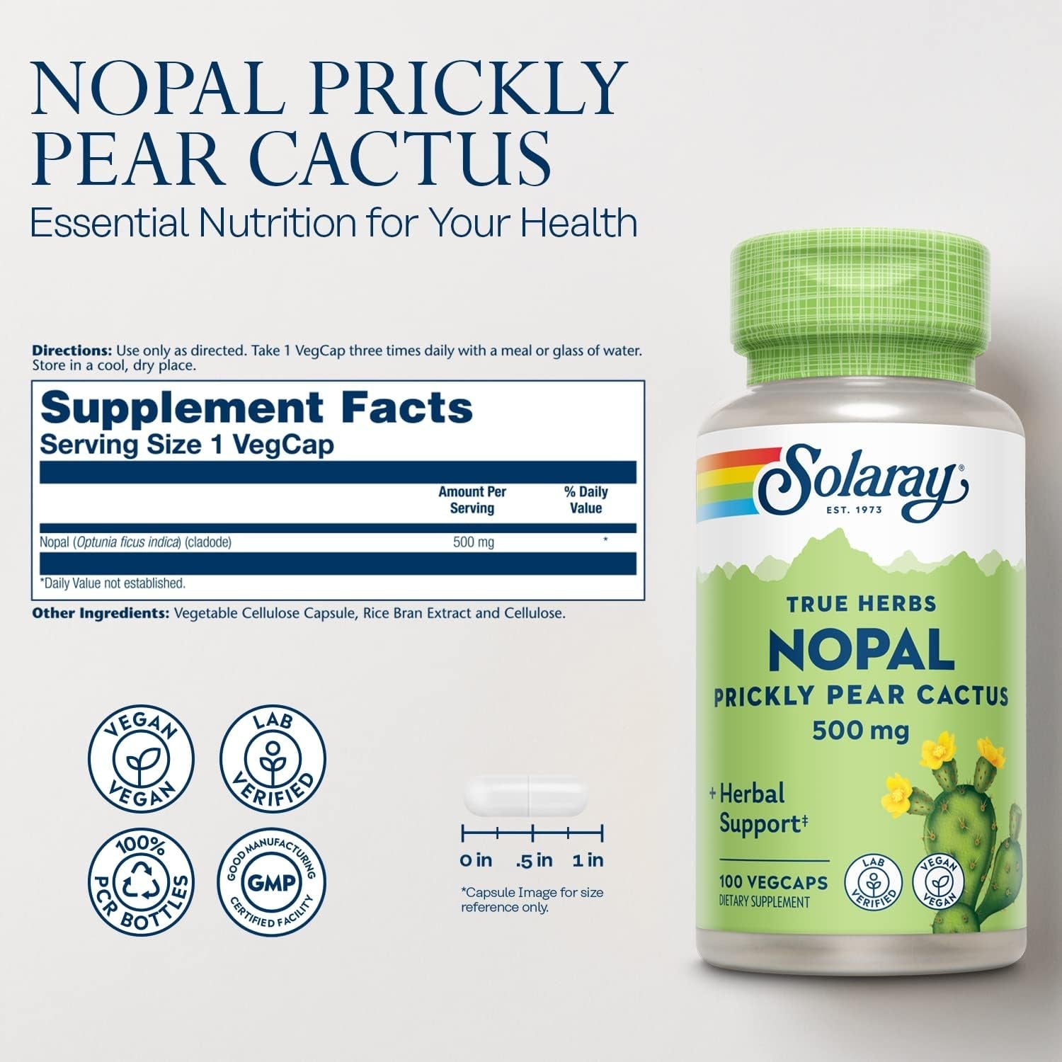 SOLARAY Nopal Prickly Pear Cactus Capsules - 500 Mg per Serving, Rich in Naturally Occuring Fiber, Antioxidants, and Carotenoids, Provides Key Nutrients in a Vegan Formula - 100 Count Vegcaps