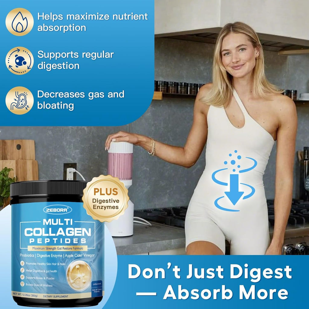 ZEBORA Multi Collagen Peptides Powder with Probiotic for Gut Health, Hydrolyzed Collagen with Digestive Enzymes, Prebiotics for Women, Support Digestive Health, Skin, Hair, Joints, Non-Gmo,35 Servings