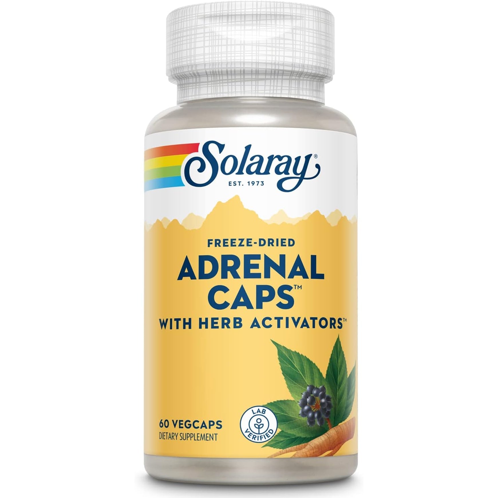 SOLARAY Adrenal Caps, Freeze-Dried - Wellness Support Adrenal Cocktail with Herb Activators Eleuthero, Gotu Kola, Licorice and Clove - Lab Verified, 60-Day Guarantee - 30 Servings, 60 Vegcaps