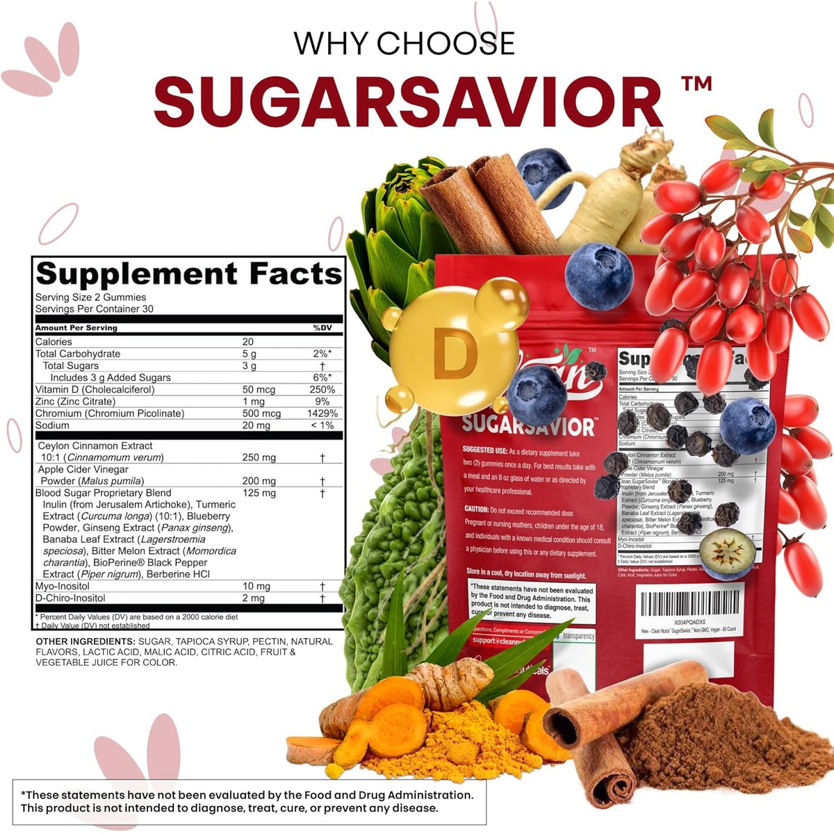 Sugar Savior Ceylon Cinnamon Berberine Gummies Apple Cider Vinegar Artichoke Turmeric Blueberry Ginseng Banaba Bitter Melon Black Pepper Vitamin D Zinc GLP1 Gummies 60 Count by Clean Nutra