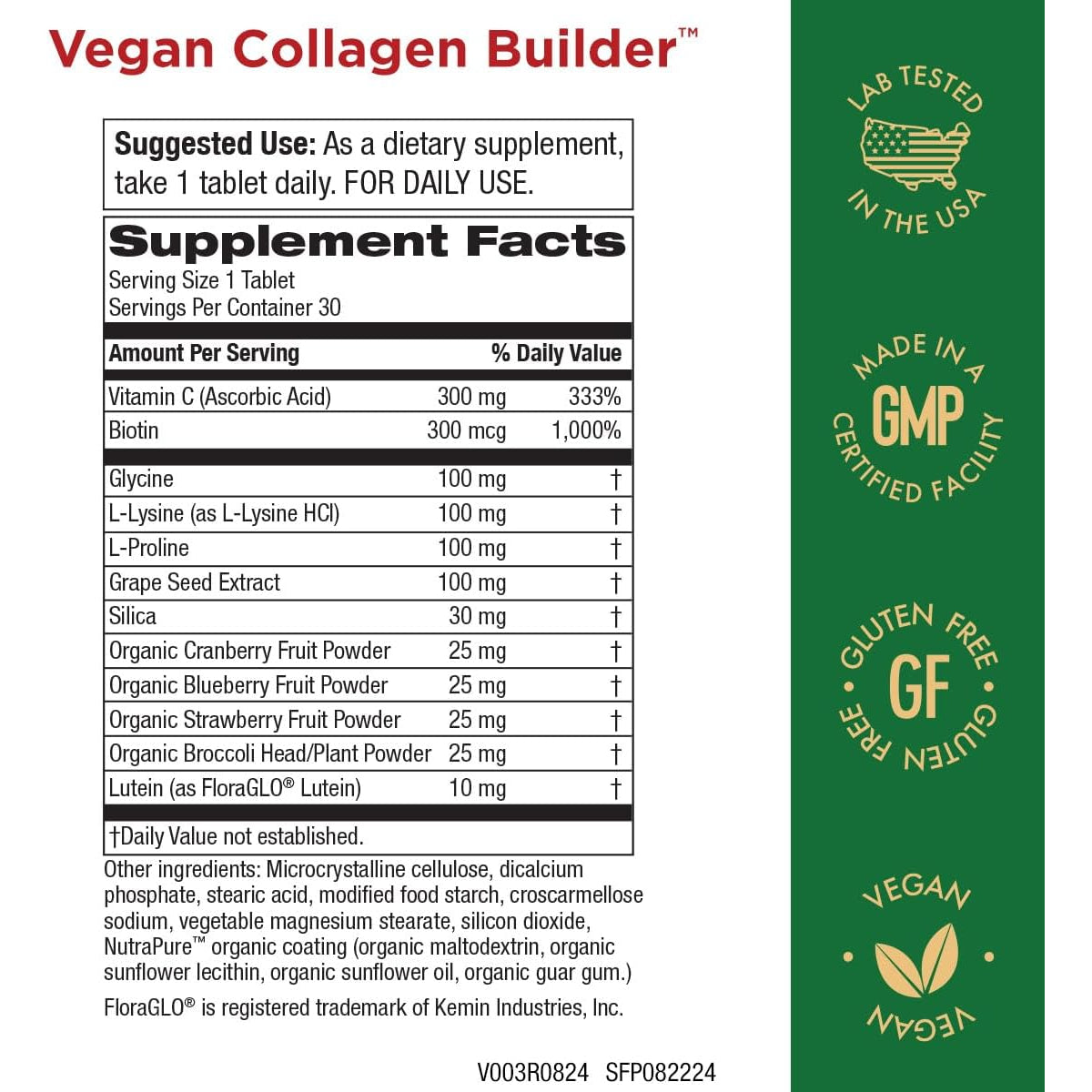 Vegan Collagen Builder - Organic Whole Foods Fruits + Veg, Silica, Lutein, Vitamin C, Biotin, Grape Seed - Amino Acids Glycine, Lysine + Proline Collagen Boosters (30 Servings, Tablets)