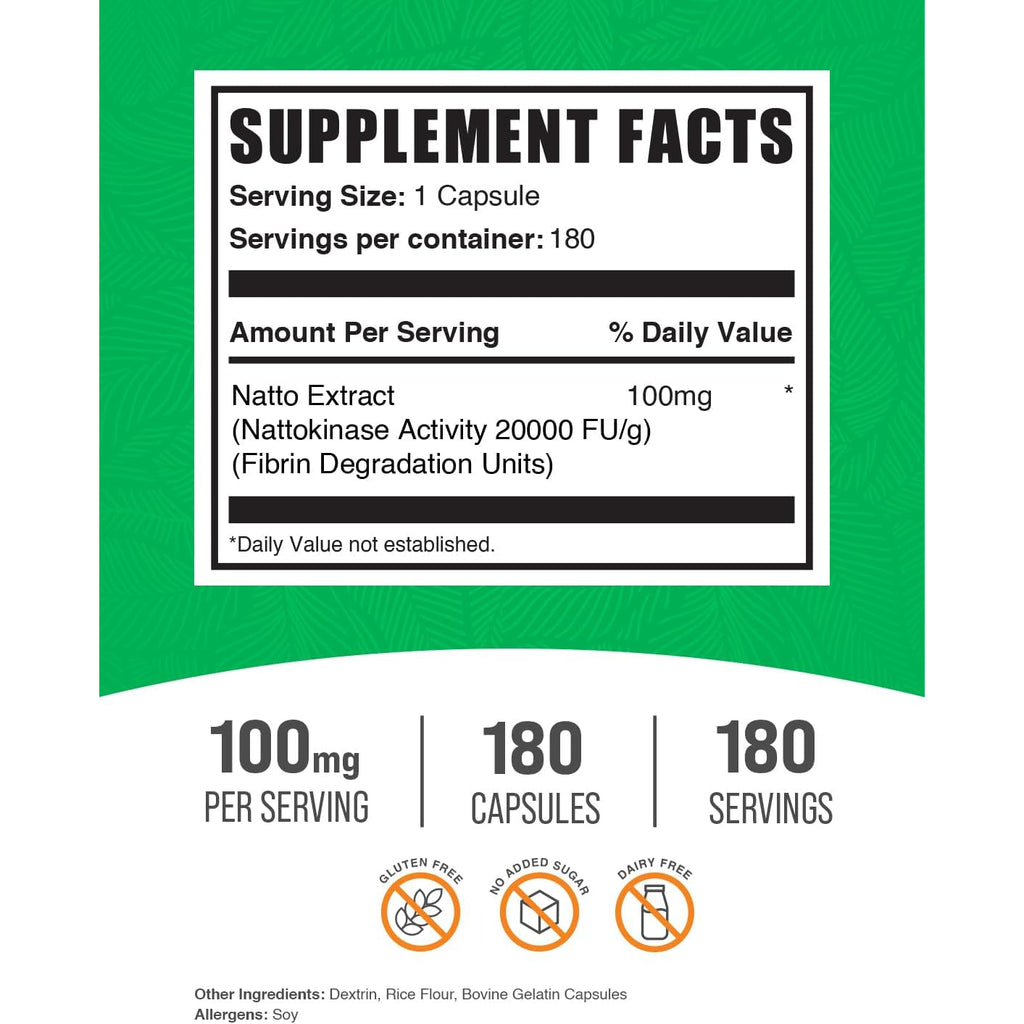 Bulksupplements.Com Nattokinase 2000 FU Capsules - Sourced from Natto Extract, Nattokinase Supplement, Nattokinase 100Mg - Gluten Free, 1 Capsule per Serving, 180 Capsules (Pack of 1)