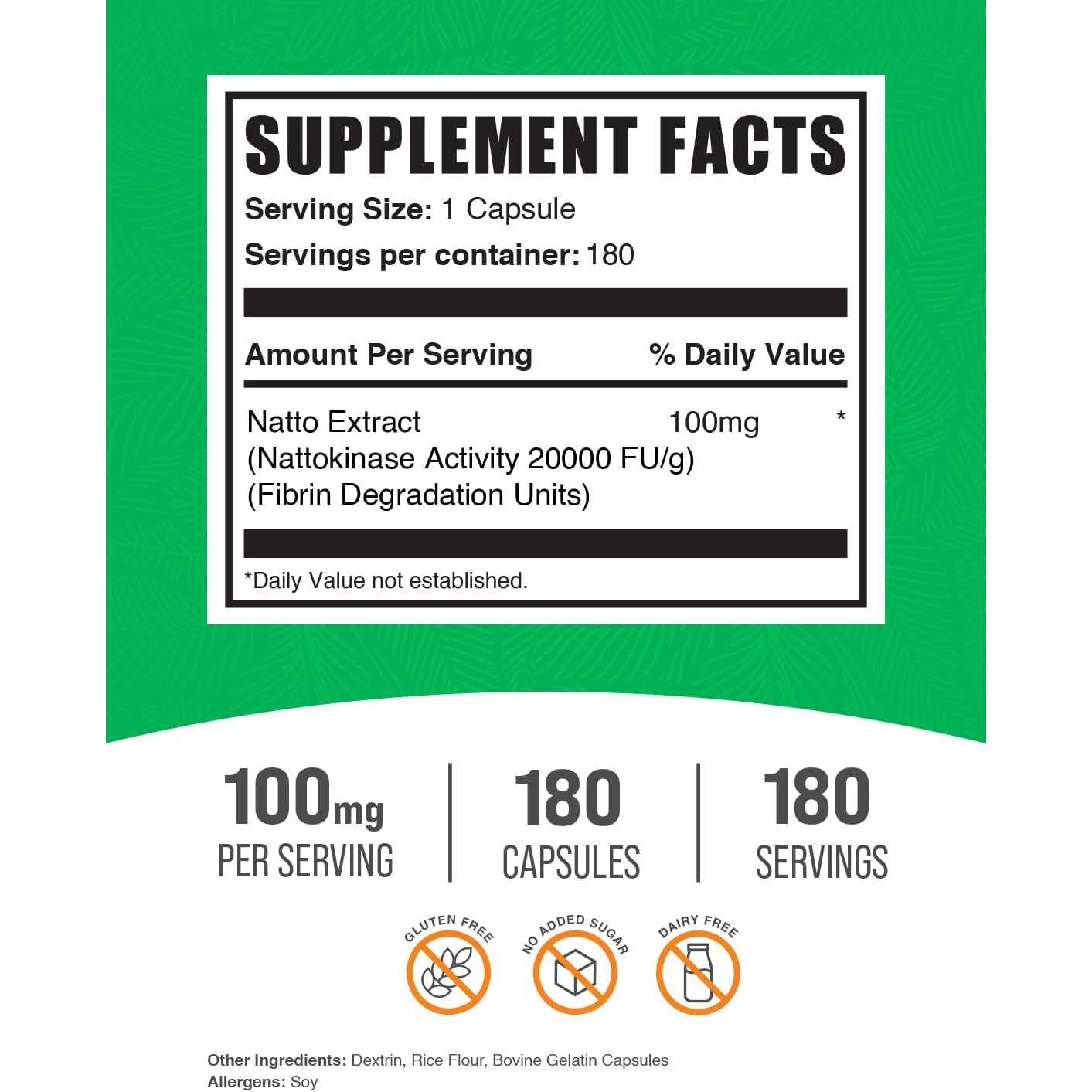 Bulksupplements.Com Nattokinase 2000 FU Capsules - Sourced from Natto Extract, Nattokinase Supplement, Nattokinase 100Mg - Gluten Free, 1 Capsule per Serving, 180 Capsules (Pack of 1)