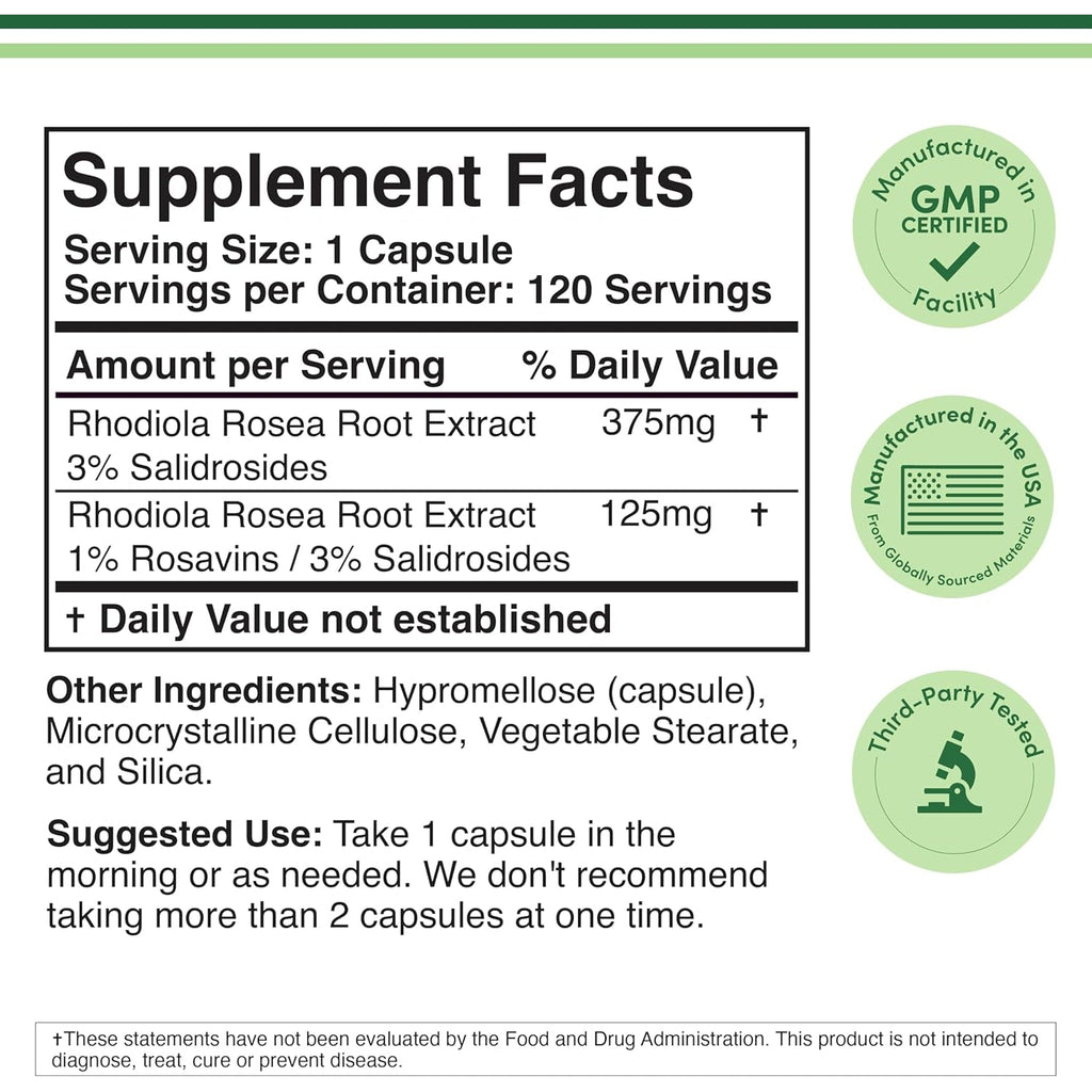 Rhodiola Rosea Supplement 500Mg, 120 Vegan Capsules (Third Party Test, Gluten Free, 3% Salidrosides, 1% Rosavins Extract) for Performance, Calming, Motivation by Double Wood