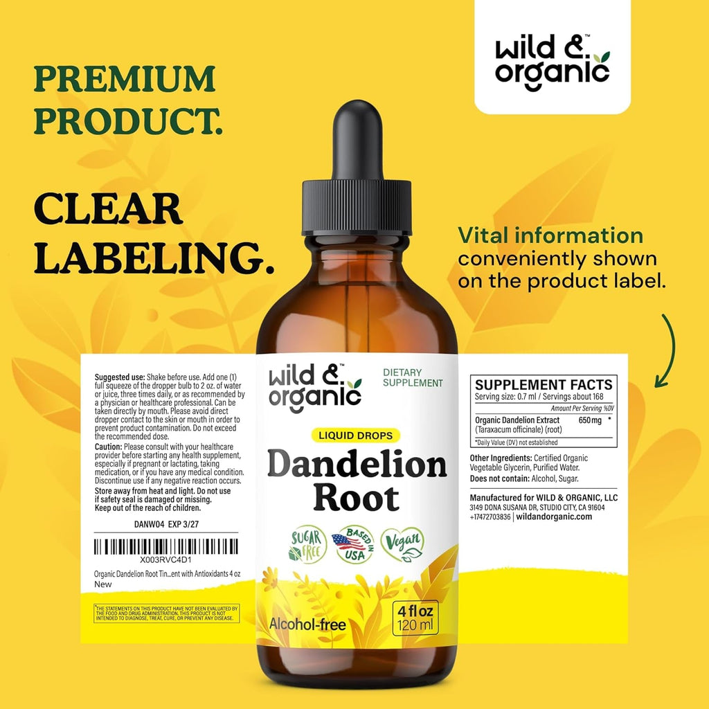 Wild & Organic Dandelion Root Extract Drops - Liver Cleanse Detox - Herbal Dandelion Tincture - Liver Support Supplement - Add to Tea - Vegan, Sugar & Alcohol-Free Liquid Drops - 4 Fl Oz