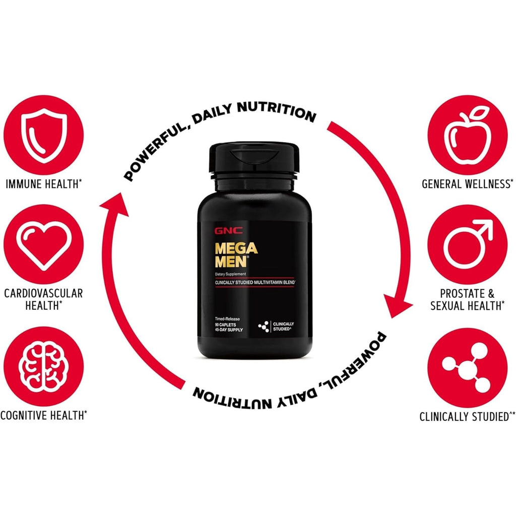 GNC Mega Men Multivitamin Caplets, Clinically Proven to Feel Better, Immune Support, Energy Support, Antioxidants, B Vitamins, Vitamin D-3, Timed Release, 90 Count, 45 Day Supply