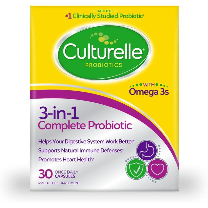 Culturelle 3-In-1 Complete Probiotic Daily Formula, Once per Day Probiotic Supplement, Helps Your Digestive System Work Better, Supports Natural Immune Defenses, plus Omega 3'S, Non-Gmo, 30 Count