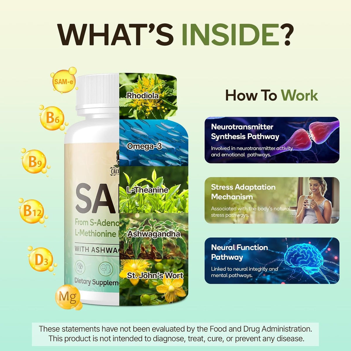 Sam-E Supplement – Capsule Complex with Ashwagandha Extract, L-Theanine, Rhodiola, St. John’S Wort, Omega-3 Fatty Acids, Magnesium, B Vitamins & D3, 60 Capsules
