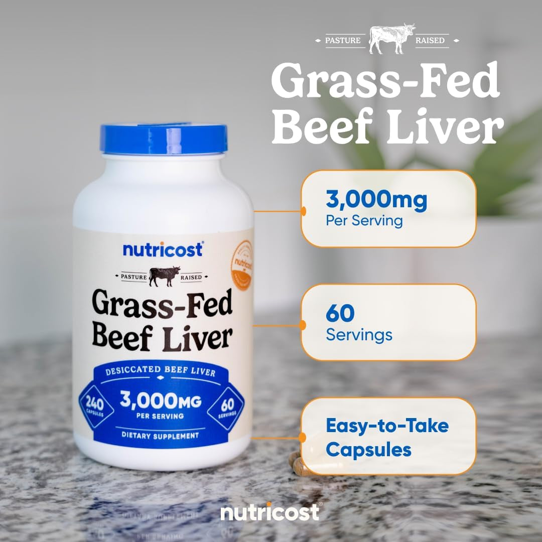 Nutricost Grass Fed Desiccated Beef Liver Capsules 3000Mg per Serv (750Mg per Cap), 240 Cap for 60 Servings - No Hormones, GMO and Gluten Free, Pasture-Raised, Free Range Beef