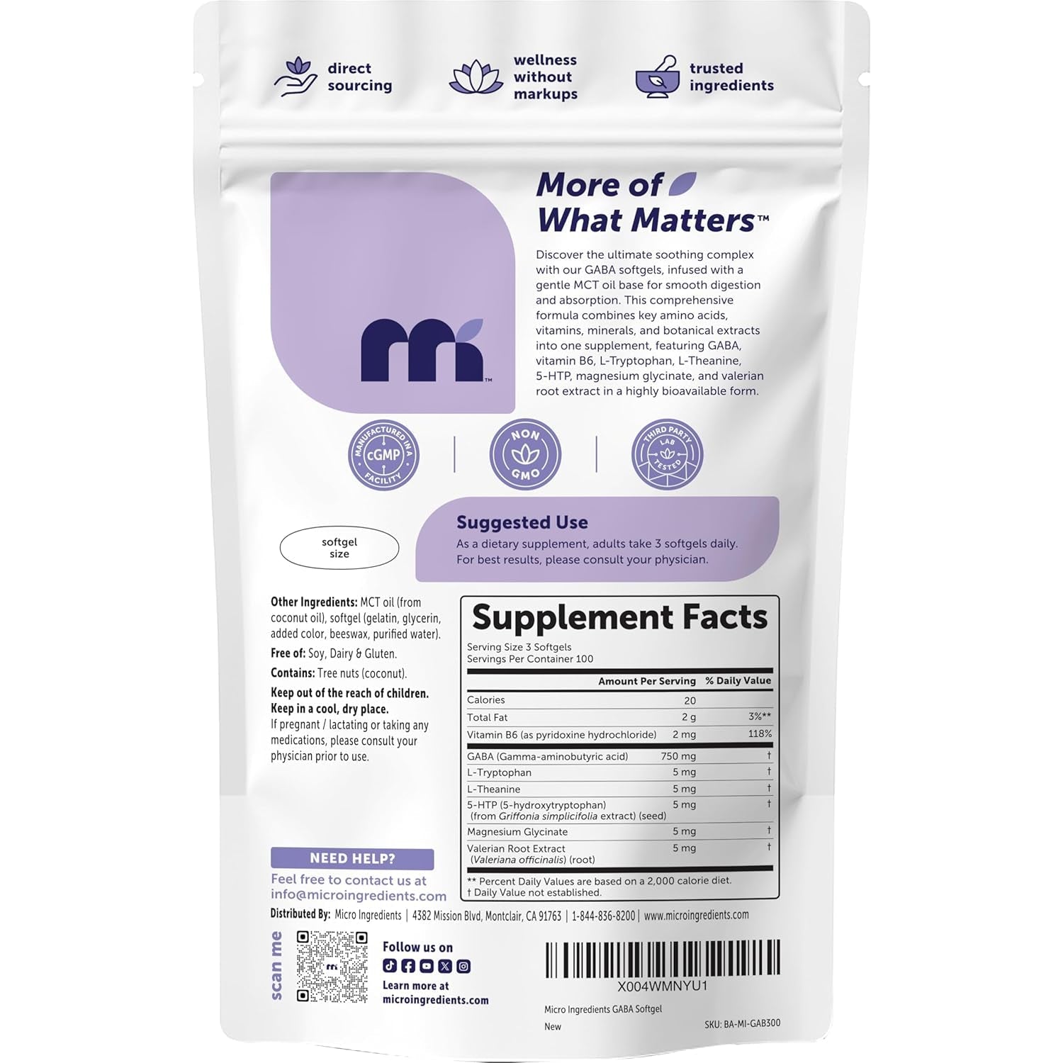 Micro Ingredients GABA 750 Mg with MCT Oil, 300 Softgels | Gamma Aminobutyric Acid with Vitamin B6, 5-HTP, L-Theanine, L-Tryptophan & Magnesium Glycinate | Non-Gmo, Cgmp Manufactured