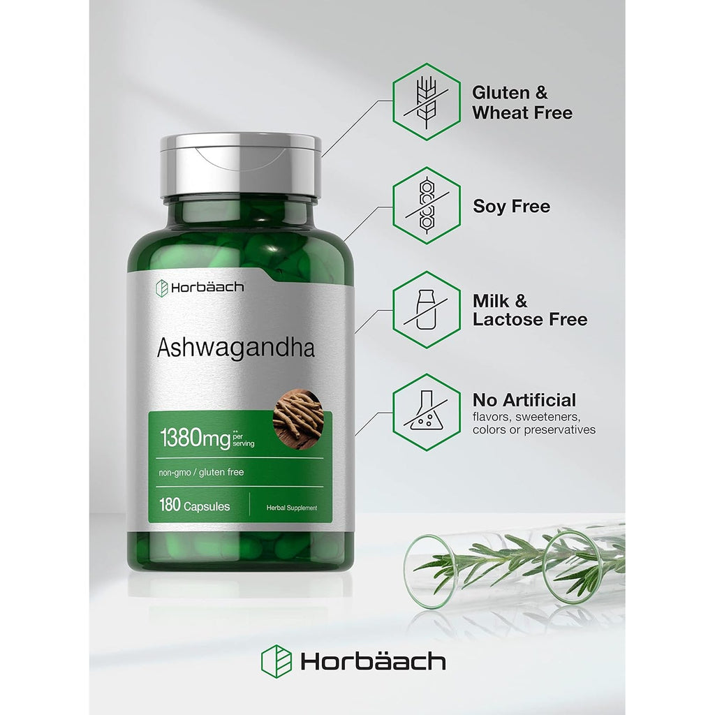 Horbäach Ashwagandha Root Supplement | 180 Capsules | for Women and Men | Herbal Extract | Non-Gmo, Gluten Free