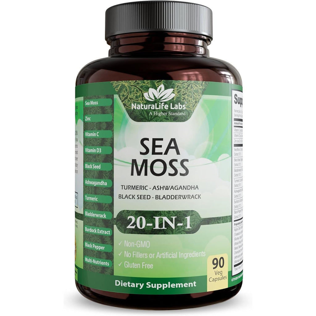 Sea Moss, Black Seed Oil, Bladderwrack, Turmeric, Ashwagandha, Burdock, Vitamin C, D3, Yellow Dock Root, Manuka, Dandelion - 90 Veggie Caps