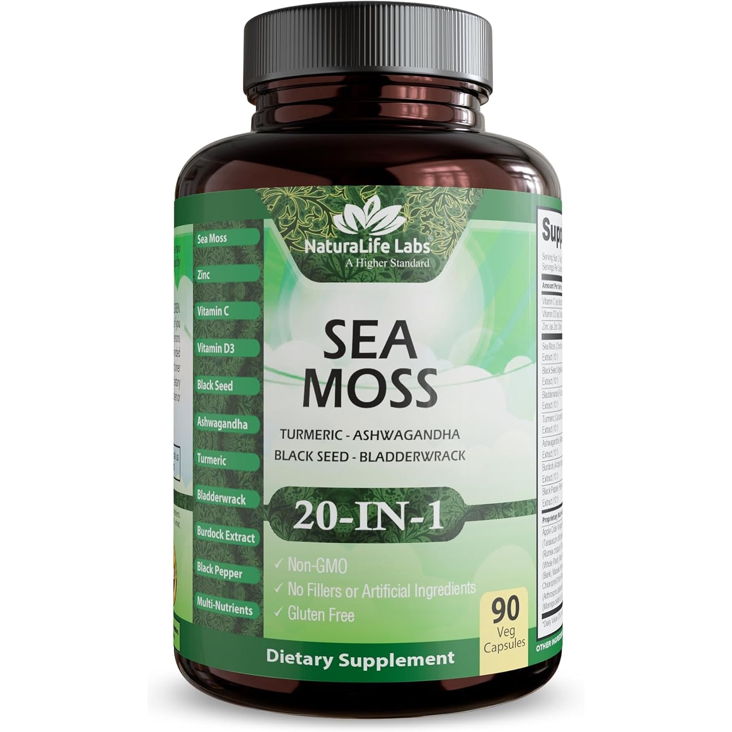 Sea Moss, Black Seed Oil, Bladderwrack, Turmeric, Ashwagandha, Burdock, Vitamin C, D3, Yellow Dock Root, Manuka, Dandelion - 90 Veggie Caps