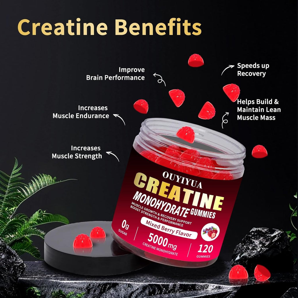 Creatine Monohydrate Gummies 5000Mg for Men & Women - Sugar Free Pre-Workout Supplement, Chewables for Muscle Strength, Muscle Builder, Energy Boost, Mixed Berry Flavor, 120 Count