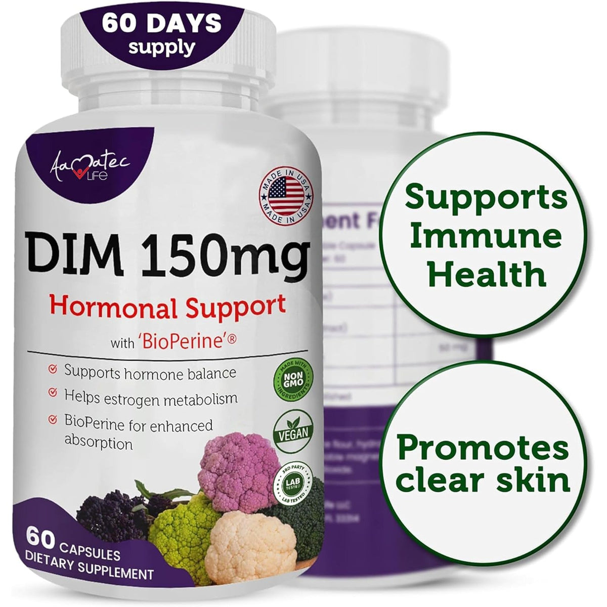 Women’S DIM Complex 150Mg - Bioperine Estrogen Balancing Pills for Menopause & Hot Flashes Relief Support Hormonal Acne Powerful Supplement - 60 Capsules - Made in USA