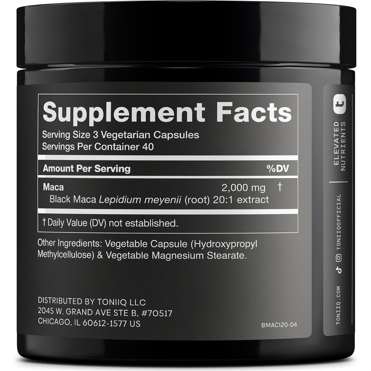 Toniiq Black Maca Root - Ultra High Potency 20:1 Extract - Single Origin, Wildcrafted & Highly Concentrated - Third-Party Lab Tested - 120 Capsules