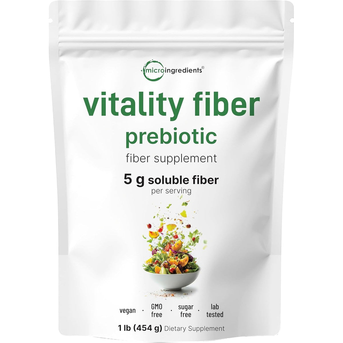 Micro Ingredients Vitality Prebiotic Fiber Powder, 1Lb | Easy Mix Powder for Digestive & Gut Health | Daily Prebiotic Soluble Fiber Supplement for Women and Men | Unflavored, Sugar Free & Vegan