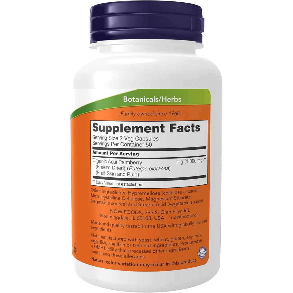 NOW Foods Supplements, Acai 500 Mg, Freeze-Dried Super Fruit with Polyphenols, Ellagic Acid, Rutin, Anthocyanins and Catechins, 100 Veg Capsules