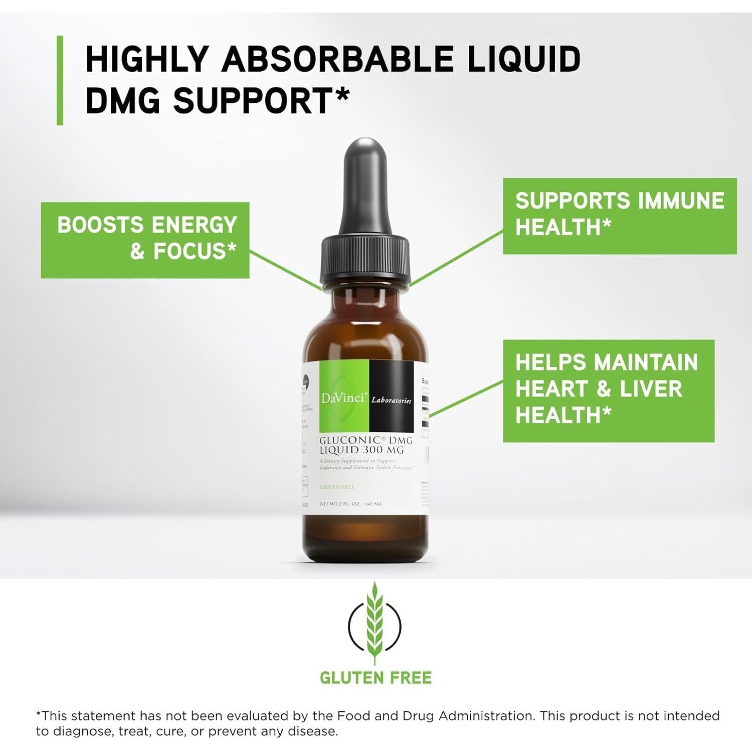 DAVINCI Labs Gluconic DMG Liquid 300Mg - Helps Support Immune System, Muscle Function, Heart Health & Brain Health* - 2 Fl Oz (60 Servings)