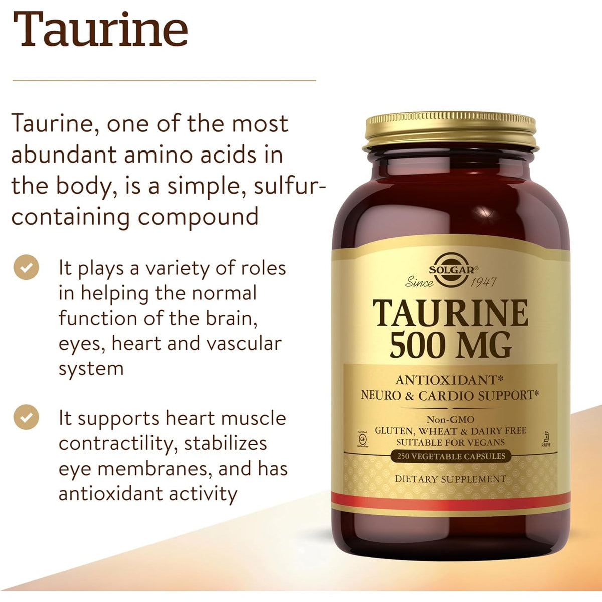 Solgar Taurine 500 Mg, 250 Vegetable Capsules - Antioxidant - Brain Health - Amino Acid - Vegan, Gluten Free, Dairy Free, Kosher - 250 Servings