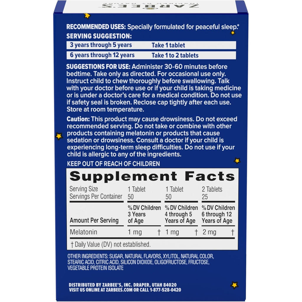 Zarbee'S Kids Melatonin Chewable Tablet, 1Mg Melatonin, Drug-Free & Effective Sleep Supplement, Natural Grape Flavor, No Artificial Sweeteners or Dyes, Gluten Free, Ages 3+, 50 Ct