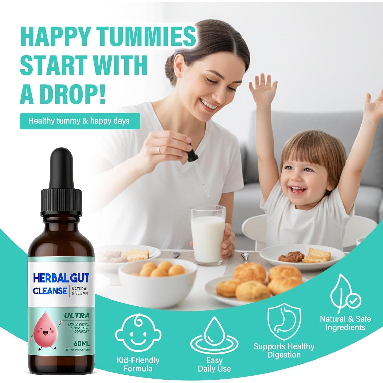 Kids Herbal Gut Cleanse Drops, Parasite Cleanse for Humans Liquid with Wormwood, Black Walnut & Probiotics, Supports Digestive & Overall Gut Health for Children (2 Oz)