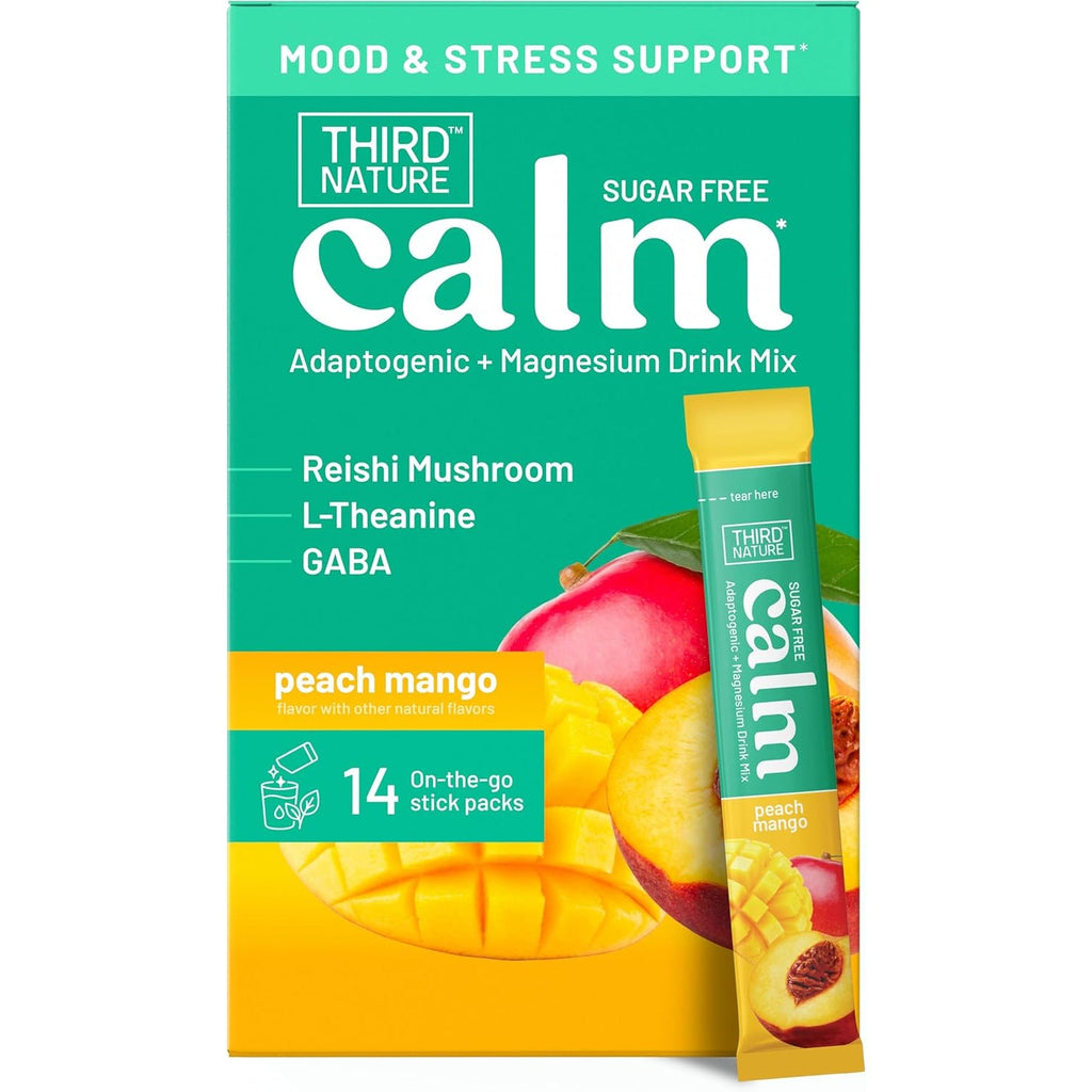 Third Nature Calm Powdered Drink Mix for Stress Support, Relaxation, Healthy Cortisol & Focus - No Sugar, Non-Gmo On-The-Go Calming Drink with Magnesium Glycinate, GABA, Peach Mango, 14 Stick Packs