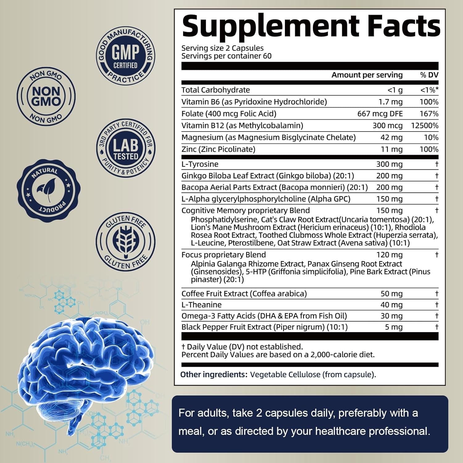 25 in 1 Brain Supplements for Memory and Focus & Neuro Health - Daily Brain Nootropic Cognitive Supplement with L-Tyrosine, Bacopa Monnieri, Ginkgo Biloba, Alpha GPC - Non-Gmo, Gluten Free