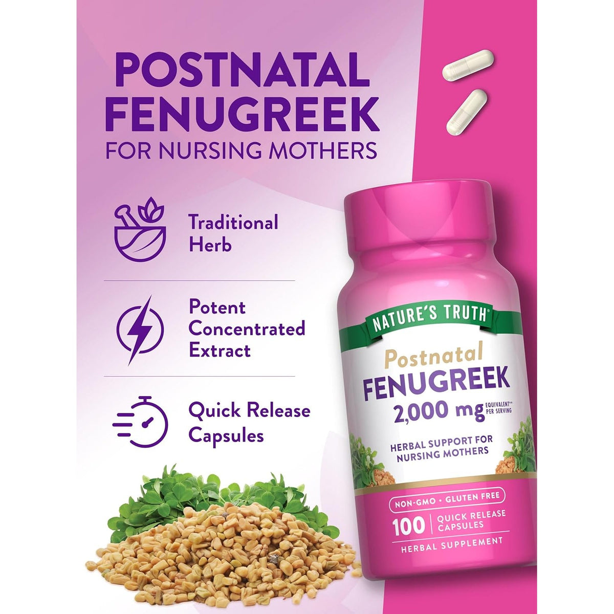 Nature'S Truth Fenugreek Seed Capsules for Women | 100 Count | Non-Gmo and Gluten Free Supplement