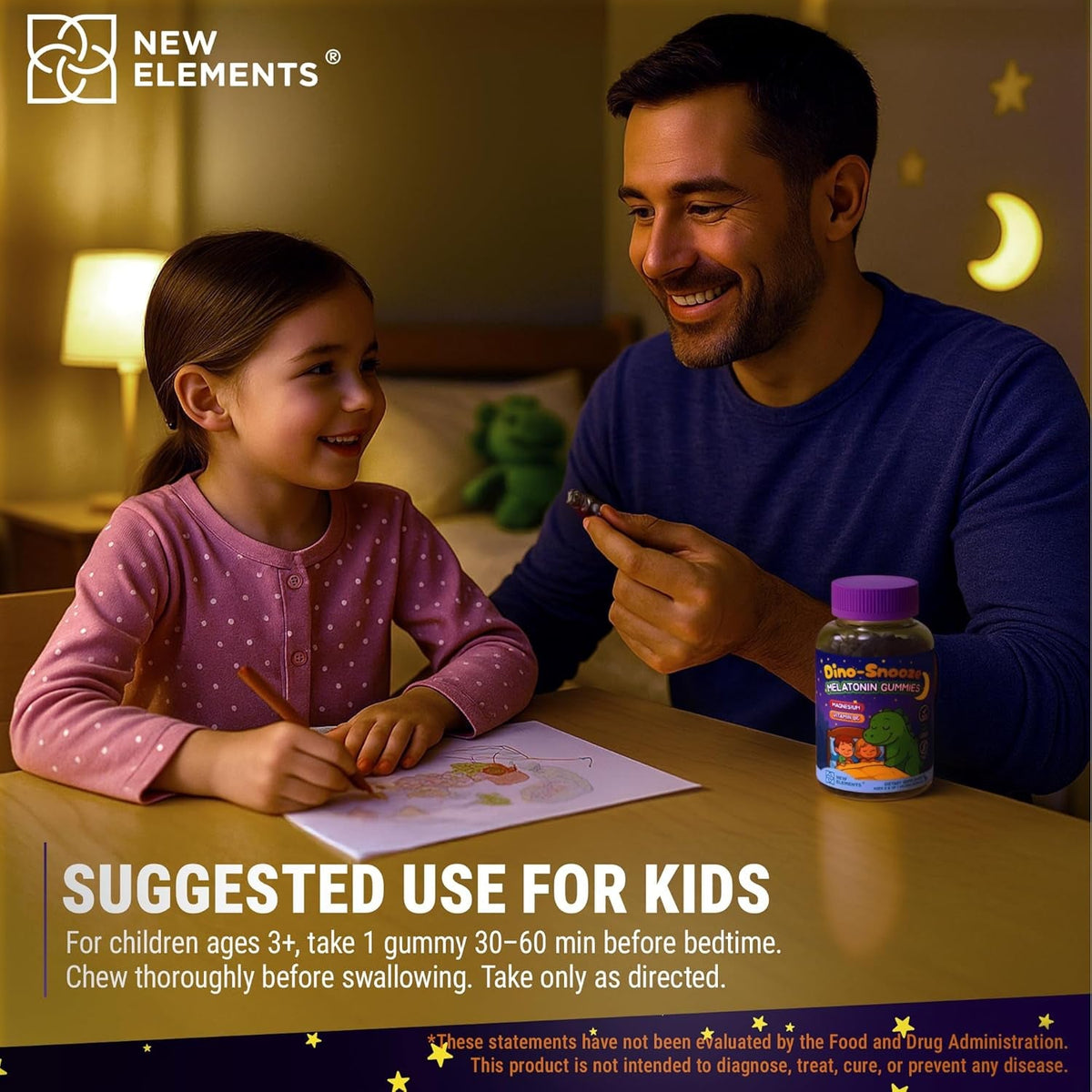 New Elements Melatonin Gummies Kids 2Mg with Magnesium Glycinate & Vitamin B6 | Sleep Gummies for Kids | Dinosaur-Shaped Sleep Support | Natural Grape Flavor | Sugar Free | Non-Gmo | Gluten Free