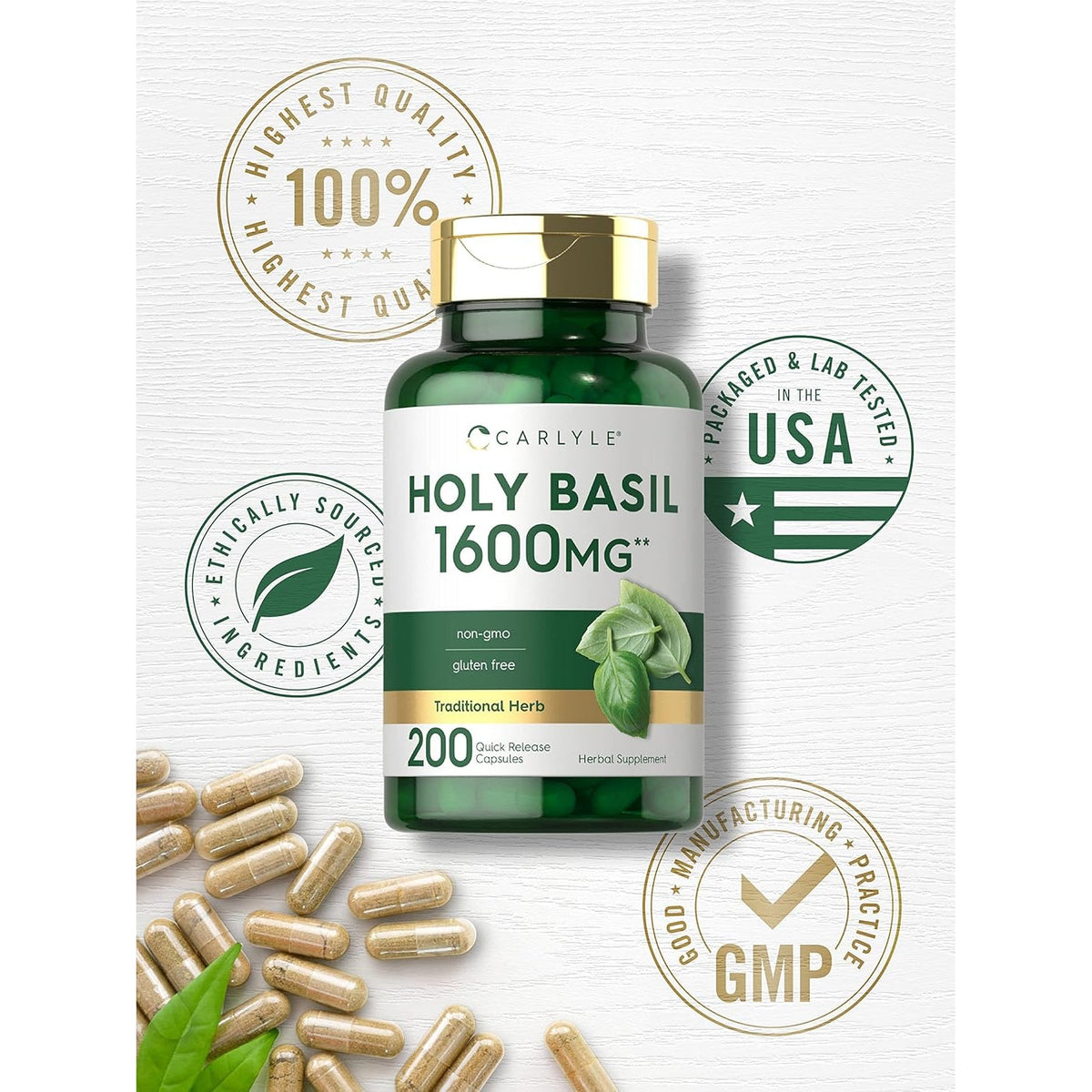 Carlyle Holy Basil Capsules | 200 Count | Tulsi Holy Basil Leaf Extract | Herbal Supplement | Non-Gmo, Gluten Free