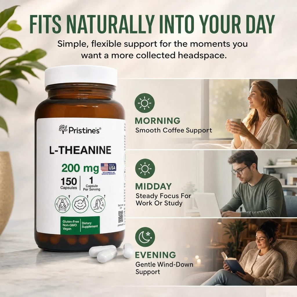 PRISTINE'S L Theanine 200Mg Supplement Capsules - 3Rd Party Tested Non GMO -150 Day Supply - Relaxation & Sleep Quality Support Capsules - Vegan, Cgmp Facility & Gluten Free Glass Bottles