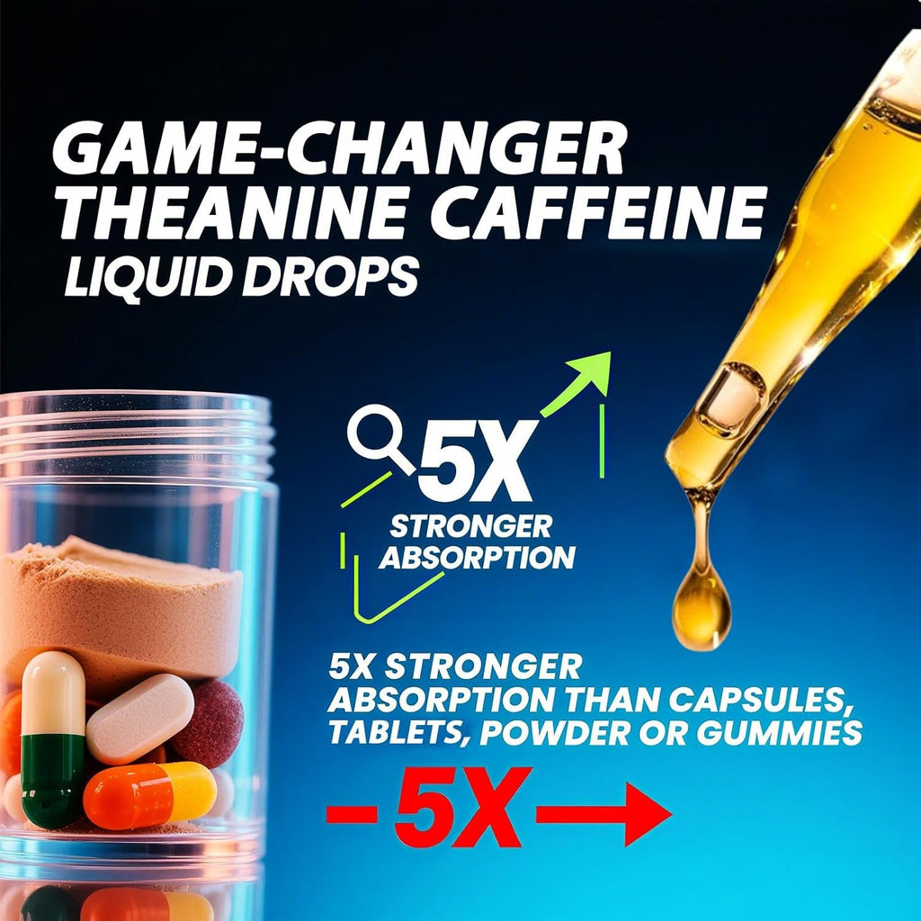 L-Theanine Supplement with Caffeine, Organic Liquid Caffeine 50Mg W. L-Theanine 100Mg, Vitamin B12 B6 for Focused Energy, Alertness & Recess Mood, Nootropic Brain Drops for Women & Men丨30 Days Supply