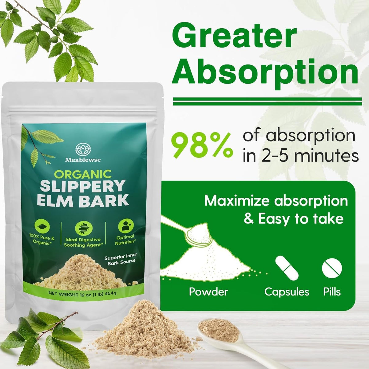 Slippery Elm, Natural Herbs Slippery Elm Powder for Soothing Throat* & Digestive, Diarrhea, PH Balance, Gut Health - with Superior Inner Bark Source, 100% Pure & Vegan, Non-Gmo, 1Lb (349 Servings)