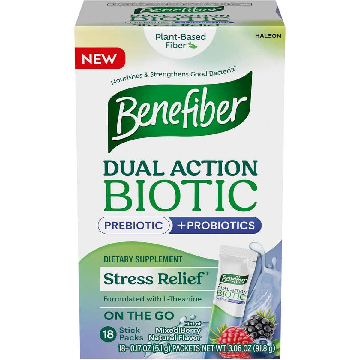 Benefiber Dual Action Biotic plus Stress Relief, 18 Count Stick Packs