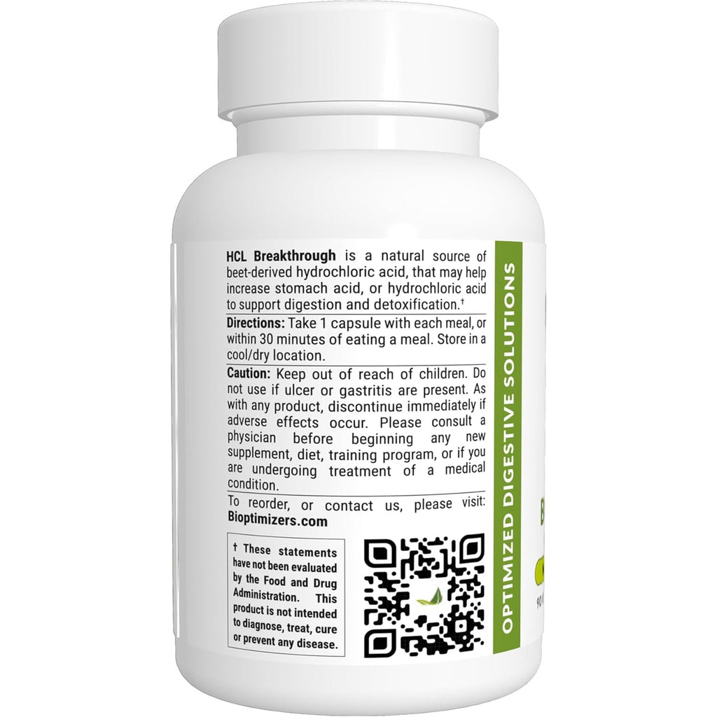 Bioptimizers HCL Breakthrough - Betaine Hydrochloride Enzymes Supplement - Assists with Protein Breakdown and Absorption - Helps Gas and Heartburn Relief - 90 Pepsin-Free Capsules