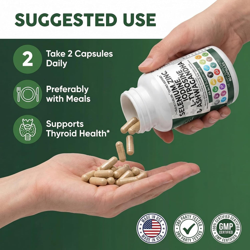 Clean Nutra Selenium 300Mcg Iodine 500Mcg Thyroid Support for Women & Men | L Tyrosine 500Mg Ashwagandha Supplement Bladderwrack, Turmeric, Kelp, Schisandra Zinc Pills Capsule Supplements